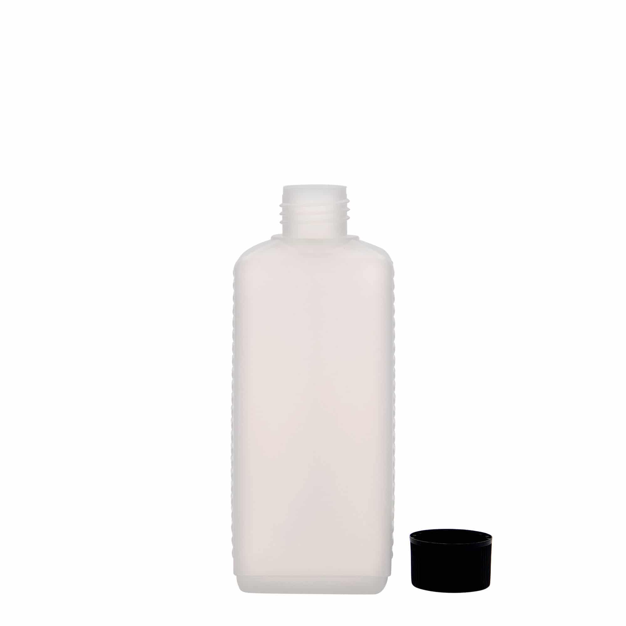 250 ml beholderflaske, firkantet, HDPE-plast, natur, åbning: DIN 25 EPE