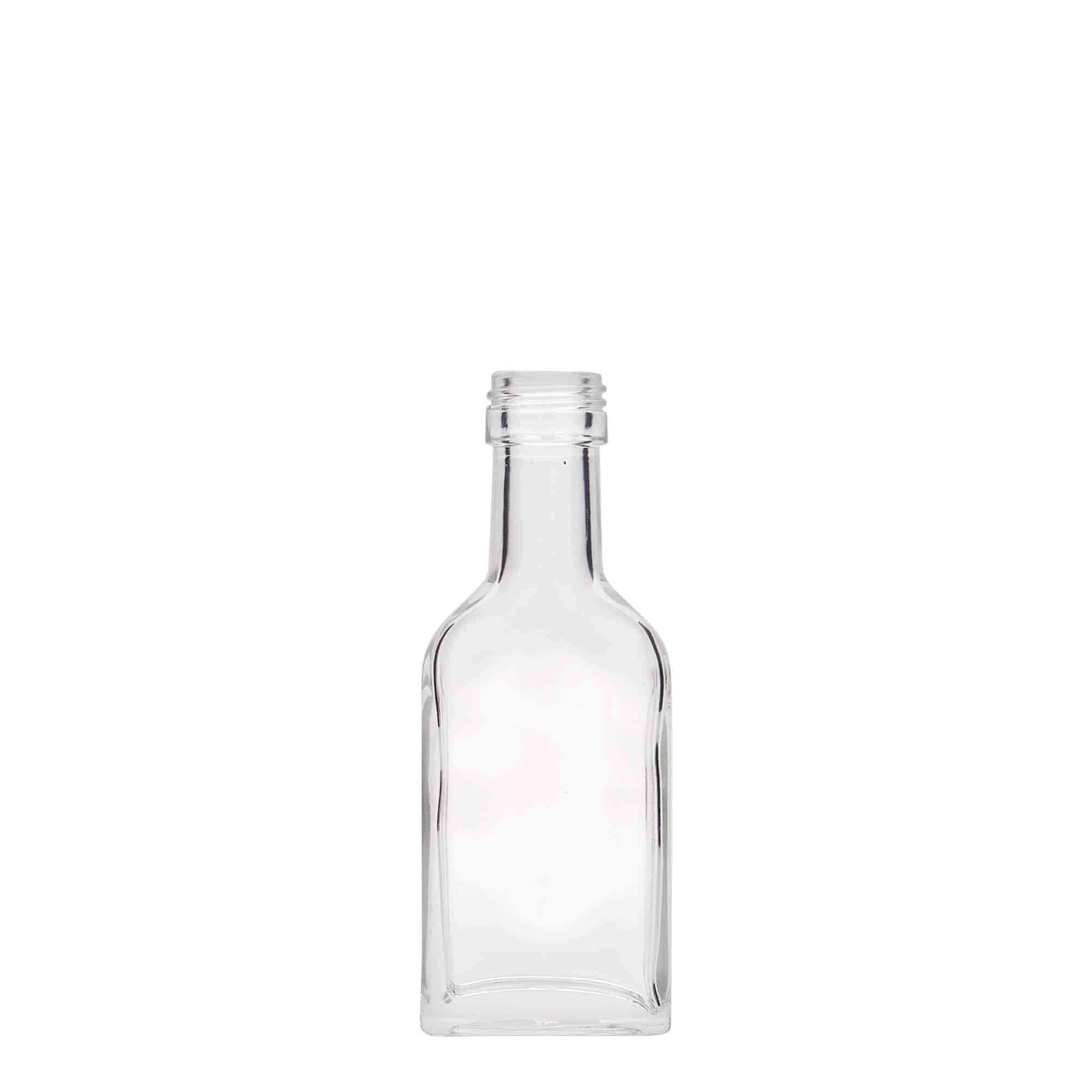 40 ml lommelærke, langhalset, firkantet, glas, åbning: PP 22