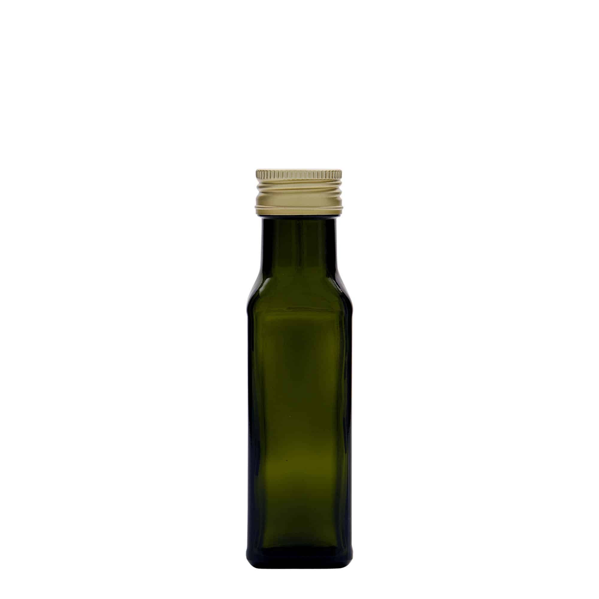 100 ml glasflaske 'Marasca', kvadratisk, antikgrøn, åbning: PP 31,5