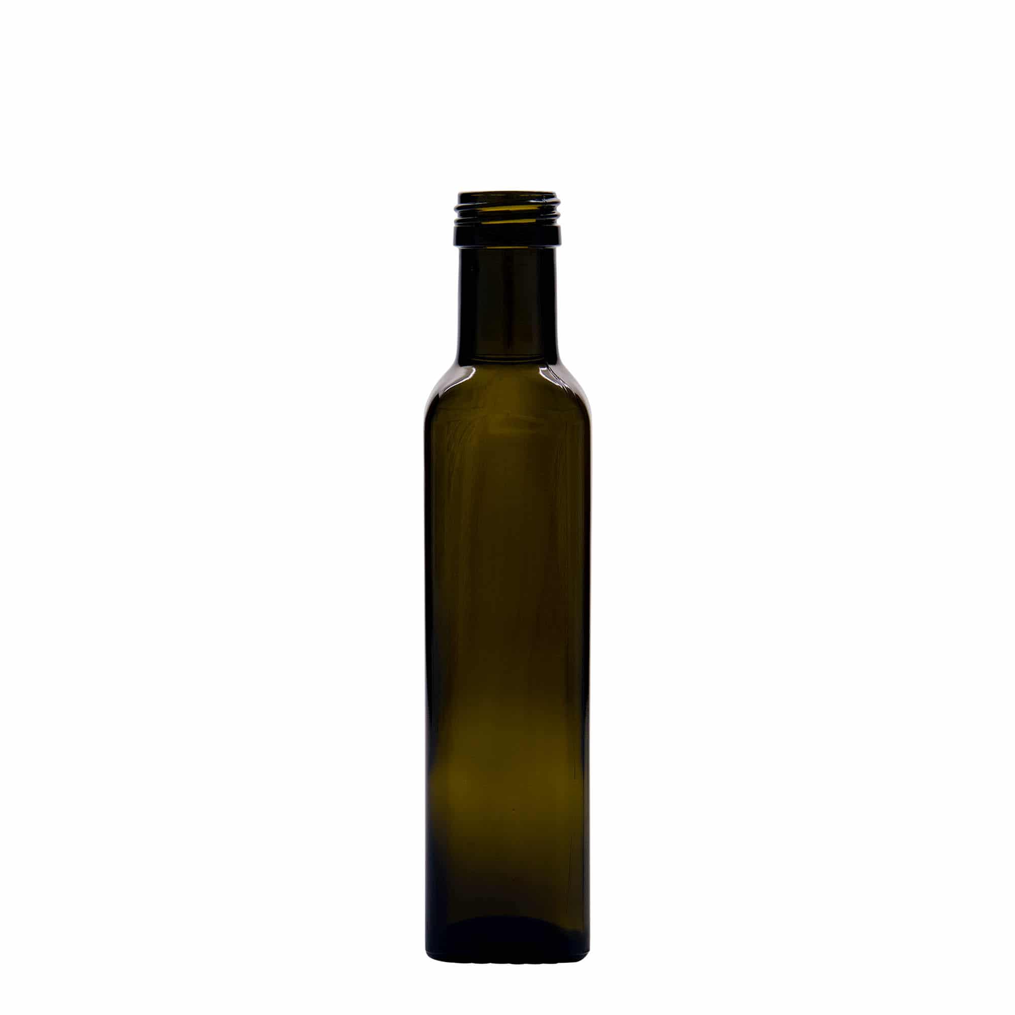 250 ml glasflaske 'Marasca', kvadratisk, antikgrøn, åbning: PP 31,5