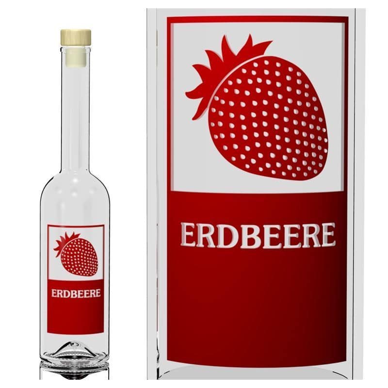 500 ml glasflaske 'Opera', motiv: Jordbær, åbning: Kork