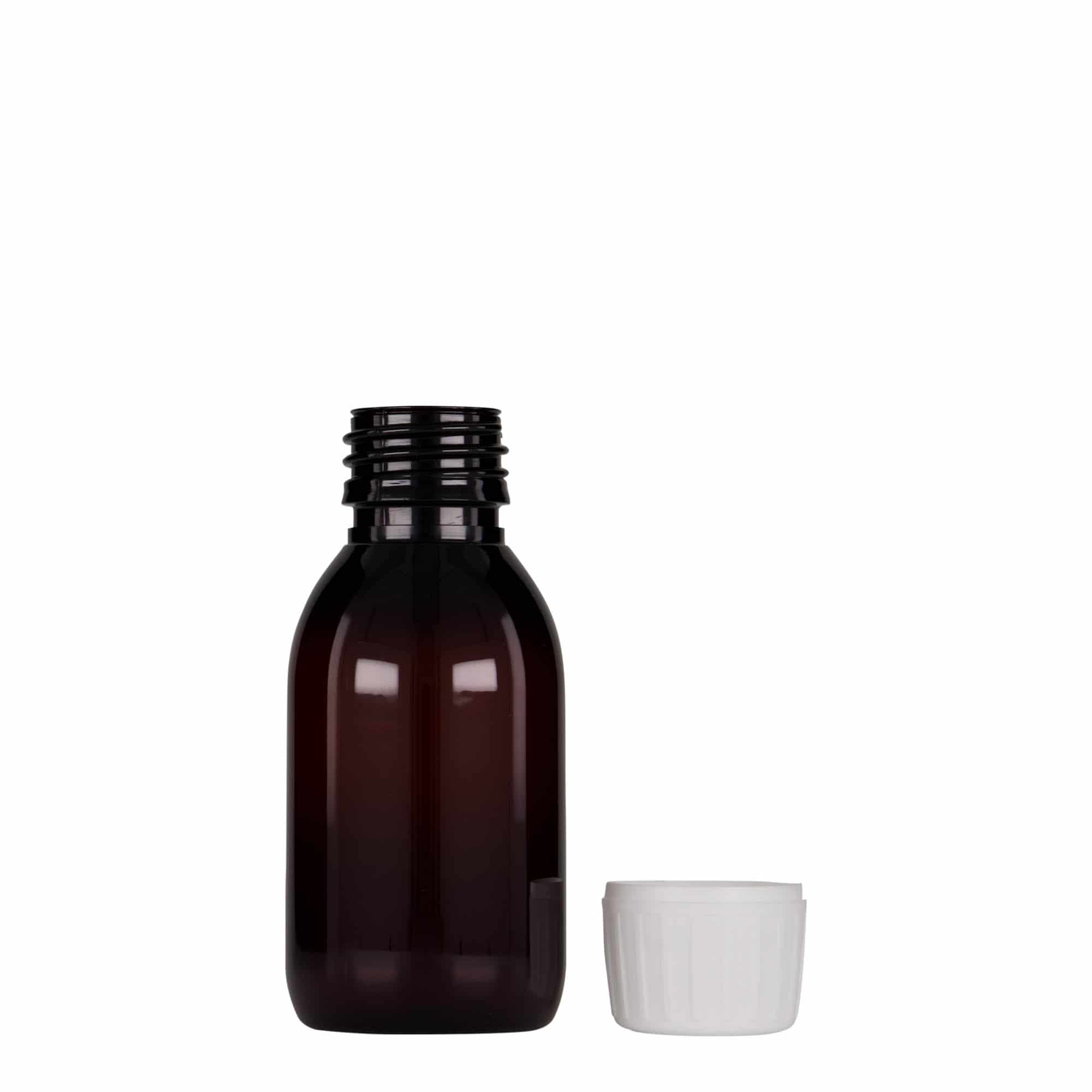 100 ml PET-medicinflaske, brun, plast, åbning: PP 28