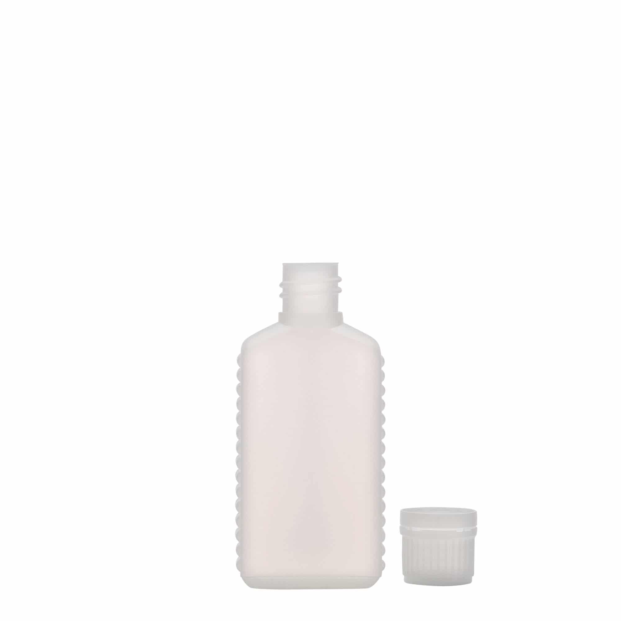 50 ml beholderflaske, smalhalset, firkantet, HDPE-plast, natur, åbning: DIN 18