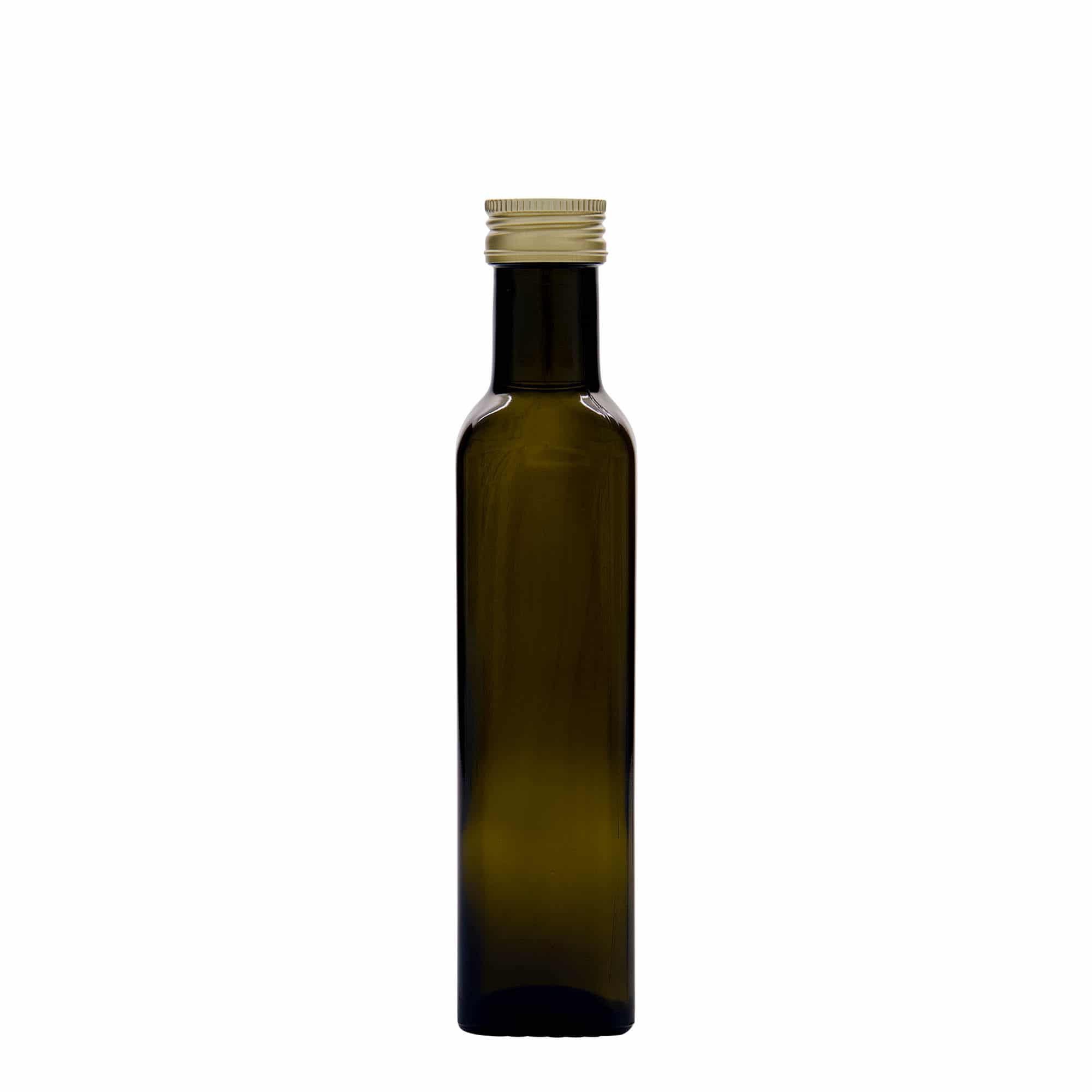 250 ml glasflaske 'Marasca', kvadratisk, antikgrøn, åbning: PP 31,5