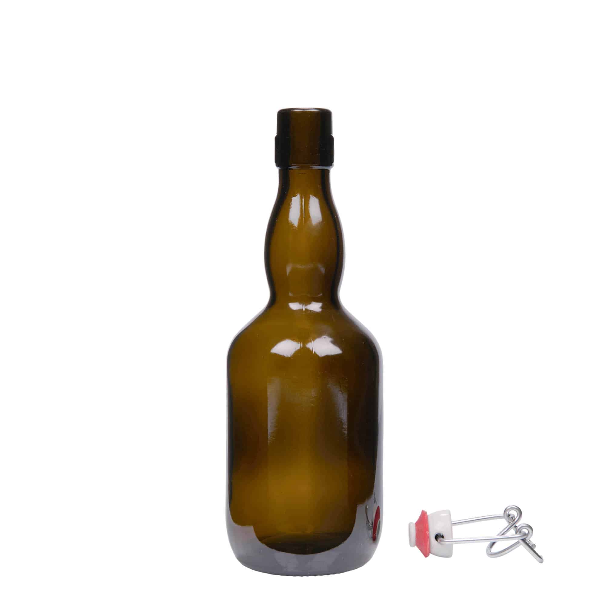 500 ml ølflaske, krum hals, glas, antikgrøn, åbning: Patentlåg