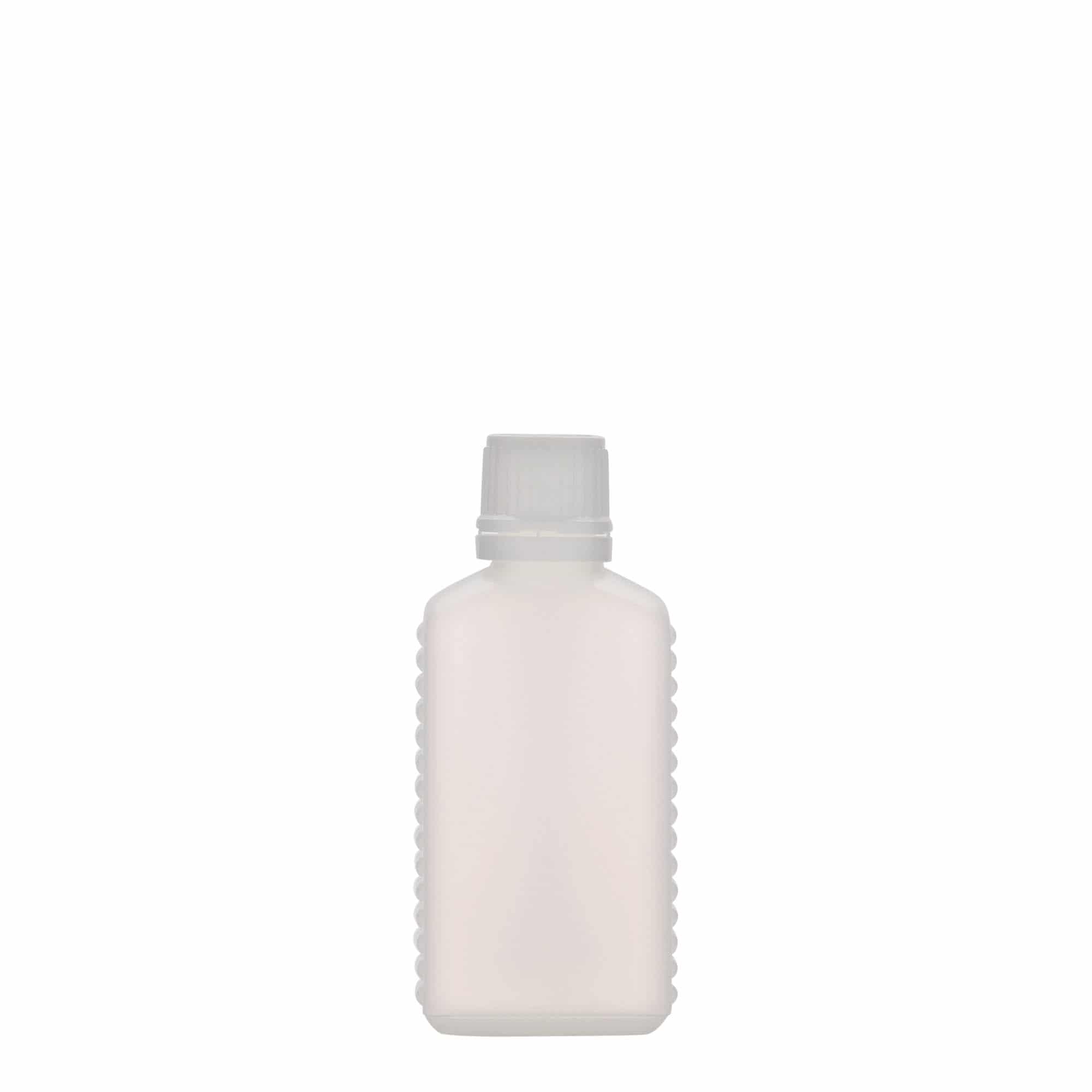 50 ml beholderflaske, smalhalset, firkantet, HDPE-plast, natur, åbning: DIN 18