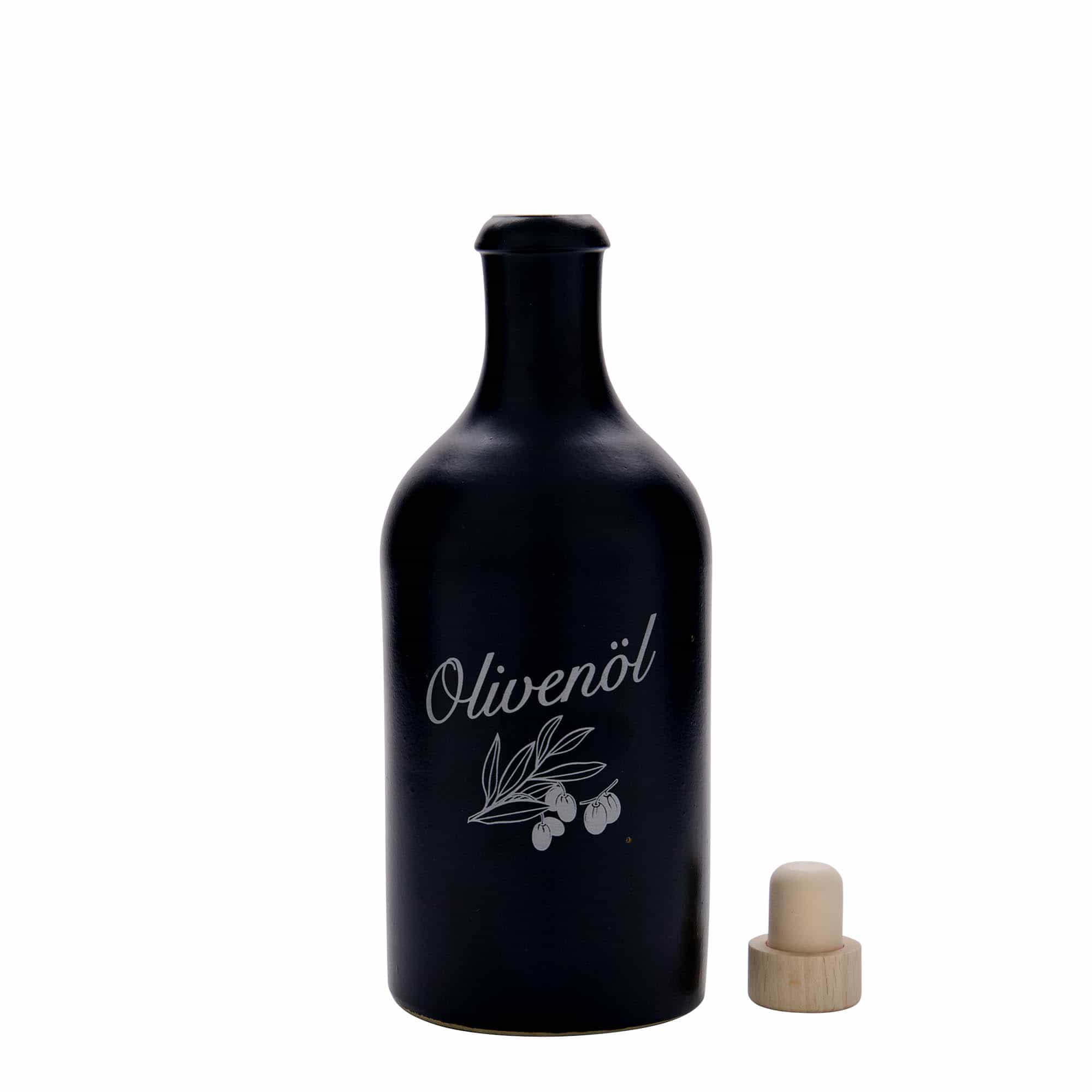 500 ml lerkrus, motiv: Olivenolie, stentøj, sort, åbning: Kork