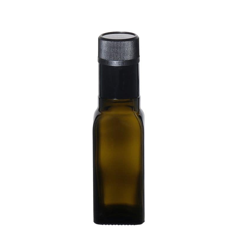 100 ml eddike-/olieflaske 'Quadra', glas, kvadratisk, antikgrøn, åbning: DOP